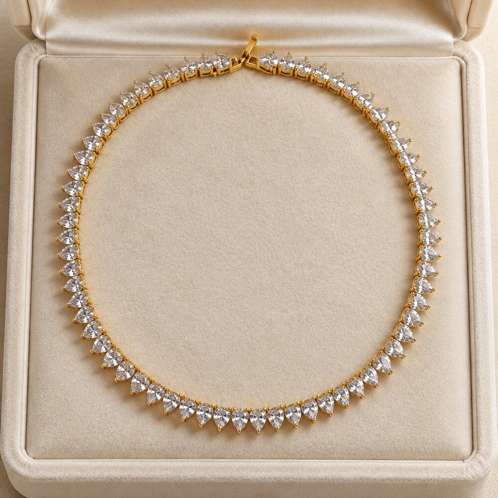 Glam 14K Gold Plated Pear Cut Crystal Tennis Necklace • Teardrop Choker